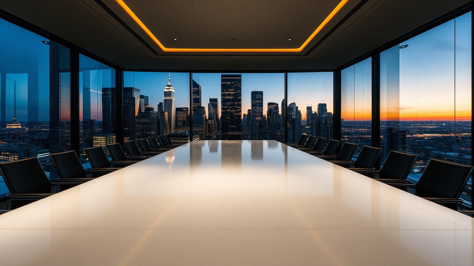 Sala del consiglio con vista sullo skyline al tramonto
