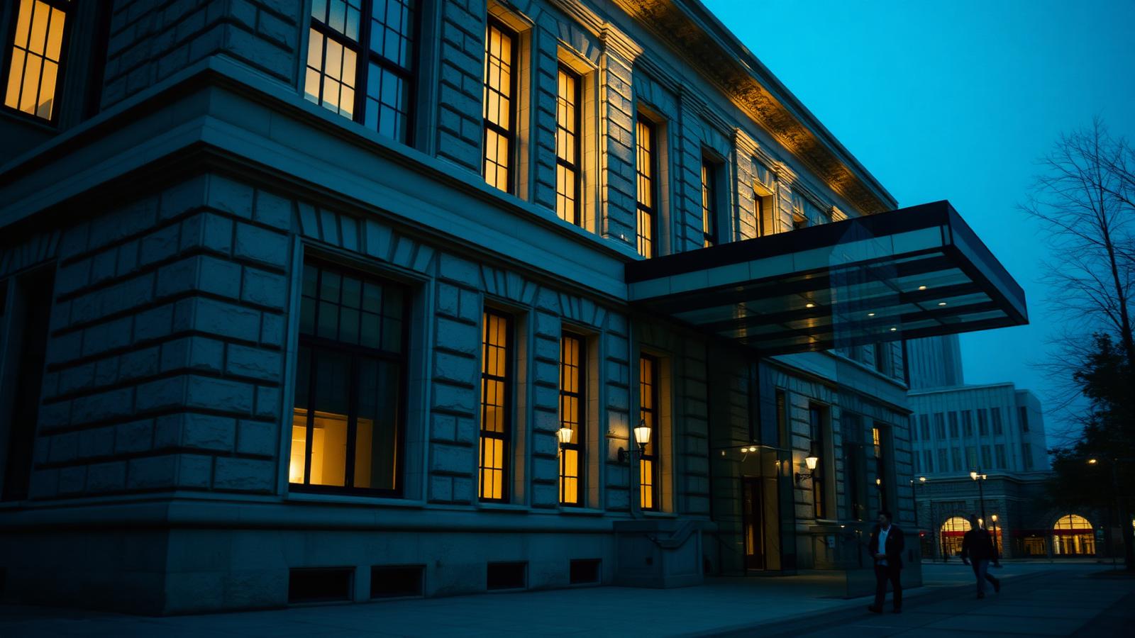 Palazzo istituzionale illuminato all'ora blu