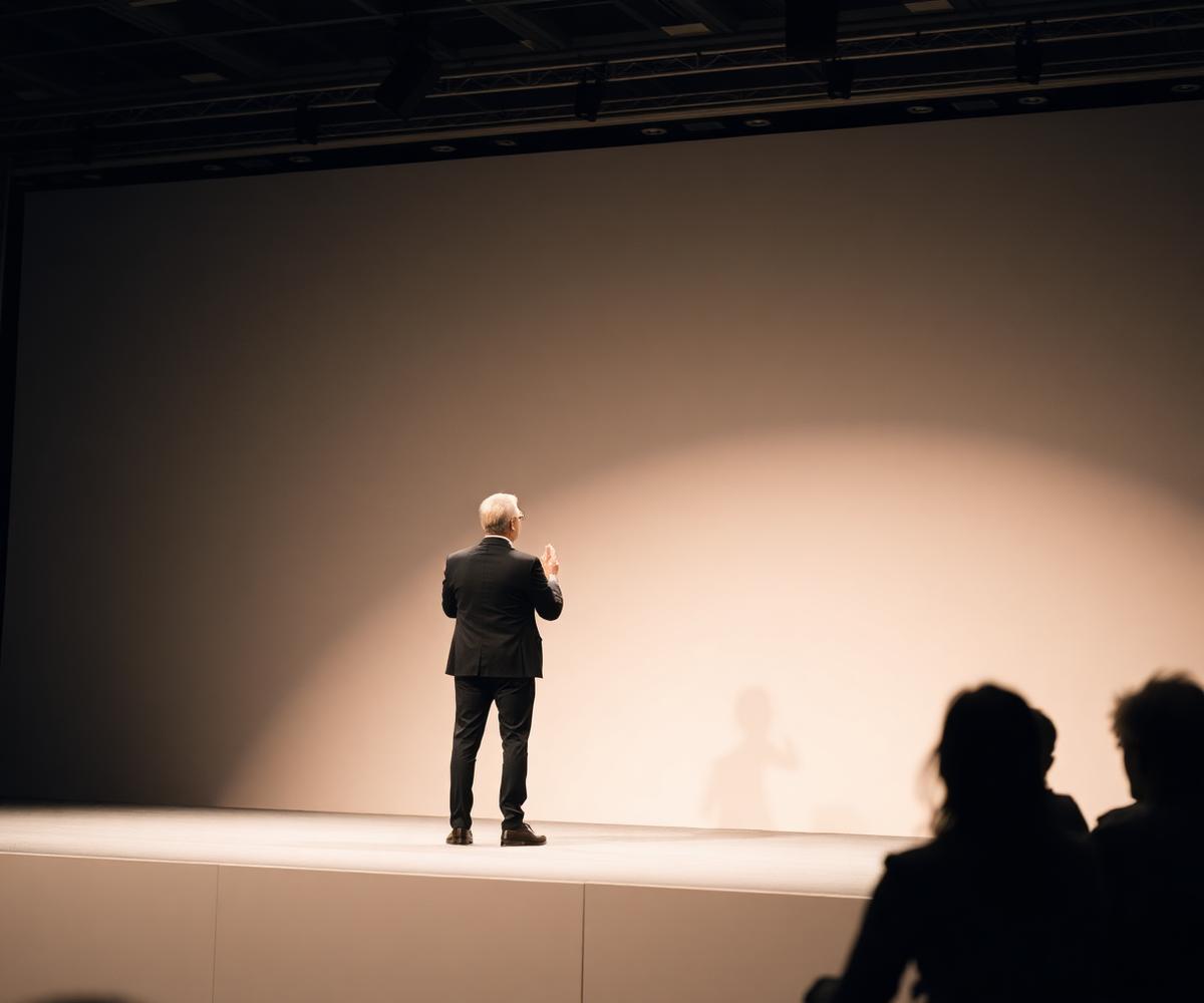 Relatore su un palco minimale davanti al pubblico