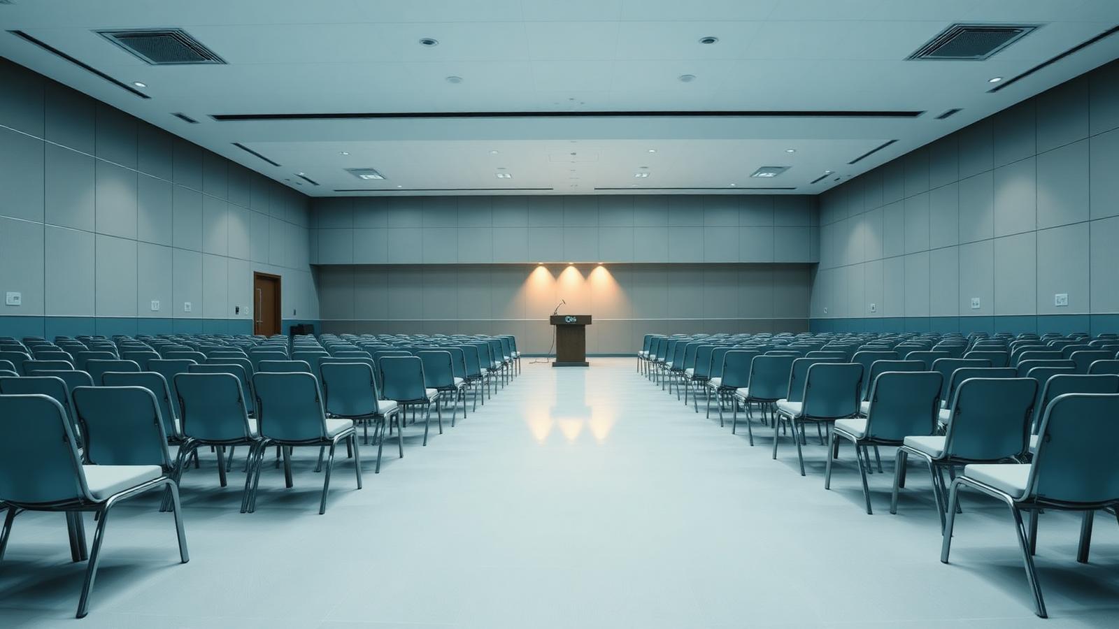 Sala conferenze stampa vuota con podio illuminato