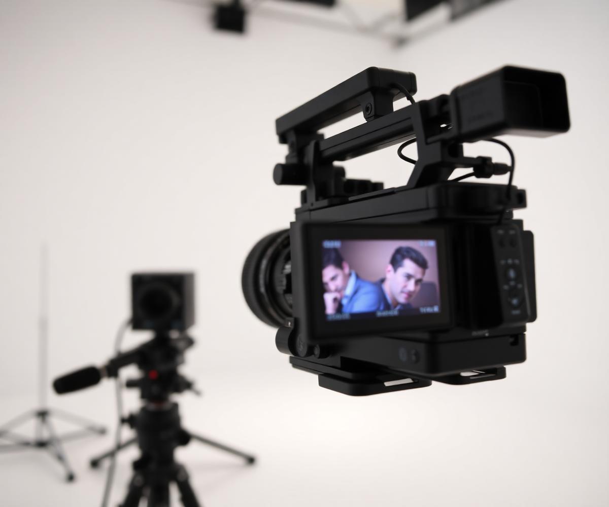 Telecamera professionale in uno studio televisivo minimale