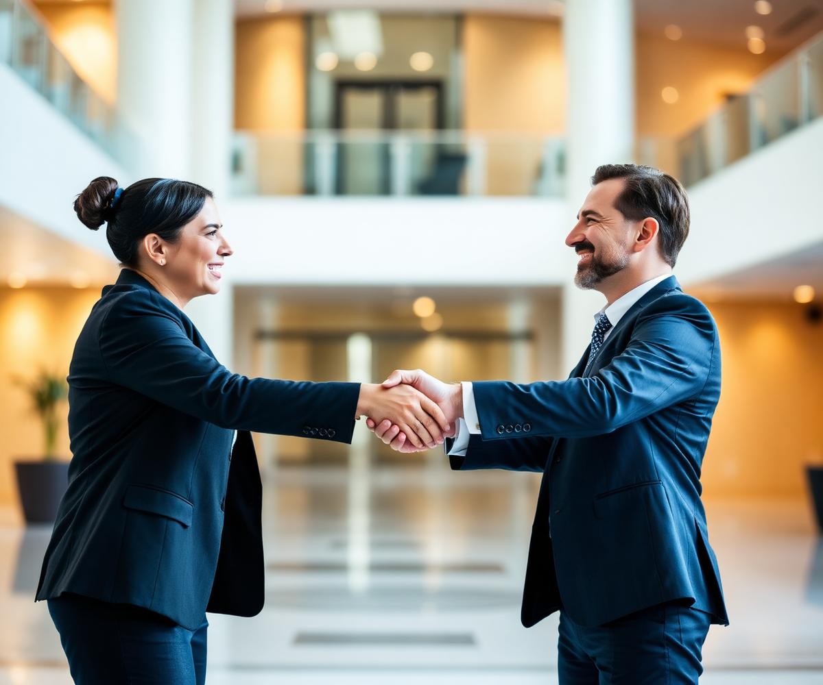 Stretta di mano tra due professionisti in una hall contemporanea