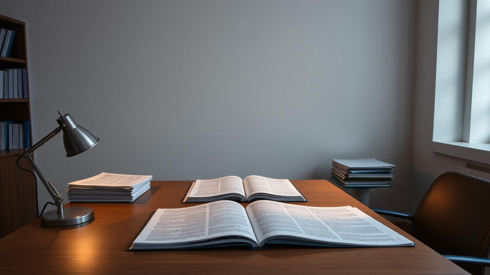 Scrivania editoriale con documenti e lampada da lettura