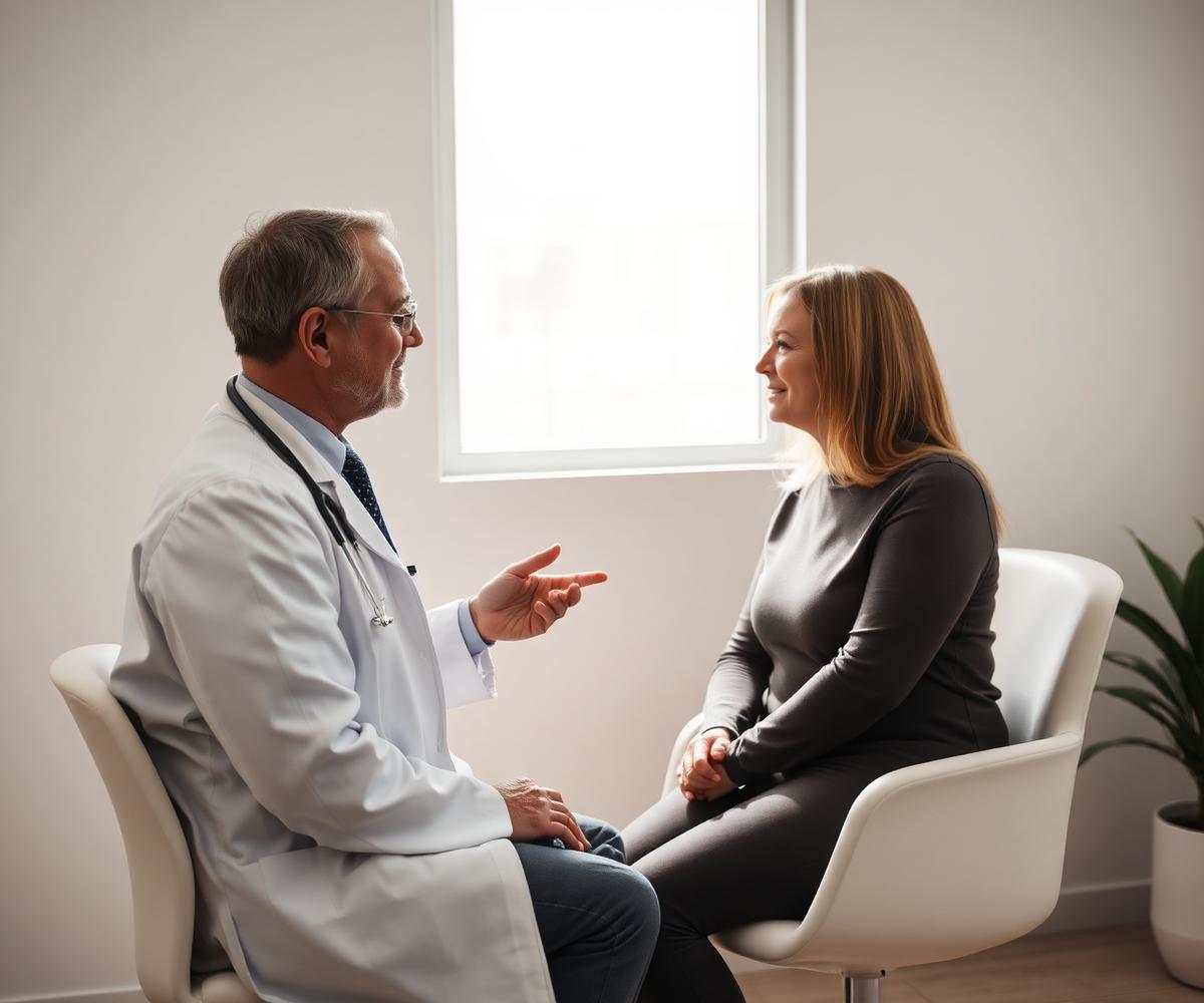 Medico in dialogo con una paziente in ambulatorio luminoso