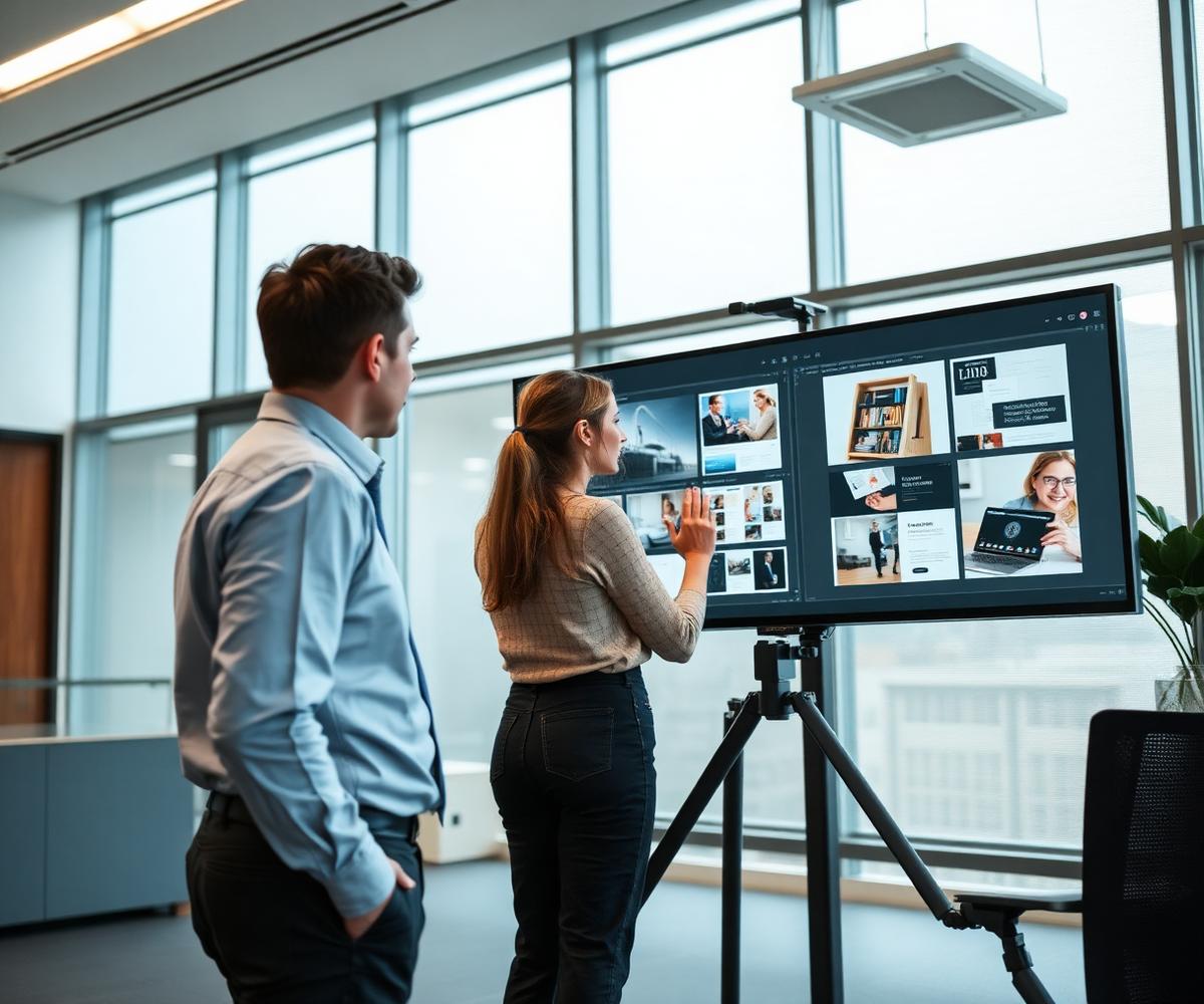 Due professionisti analizzano layout digitali su un grande schermo