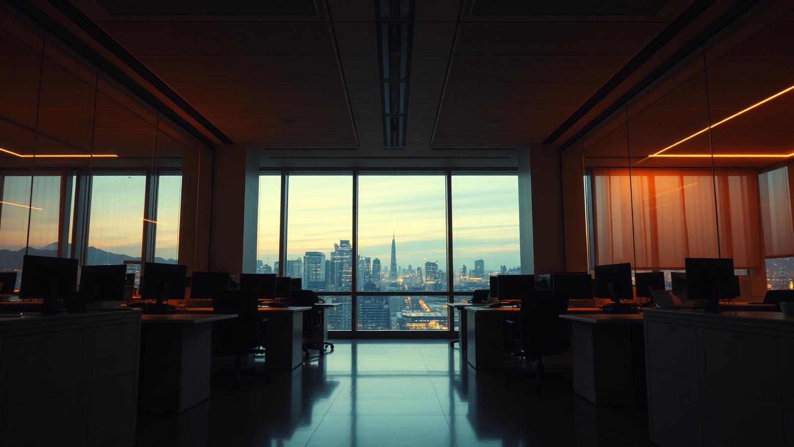 Ufficio contemporaneo al tramonto con vista sulla città